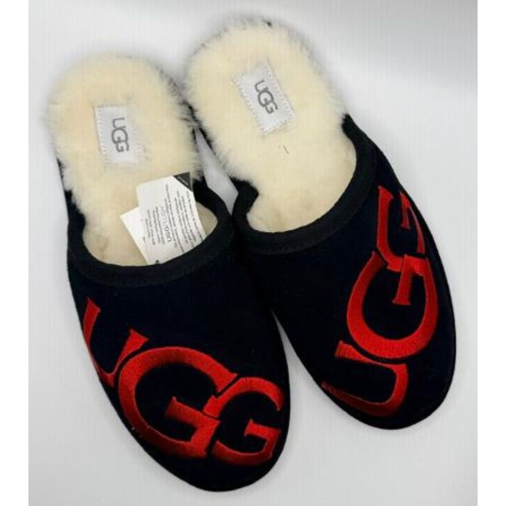 UGG Scuff Logo Slippers Size 8 Black Red Genuine Sheepskin NEW
